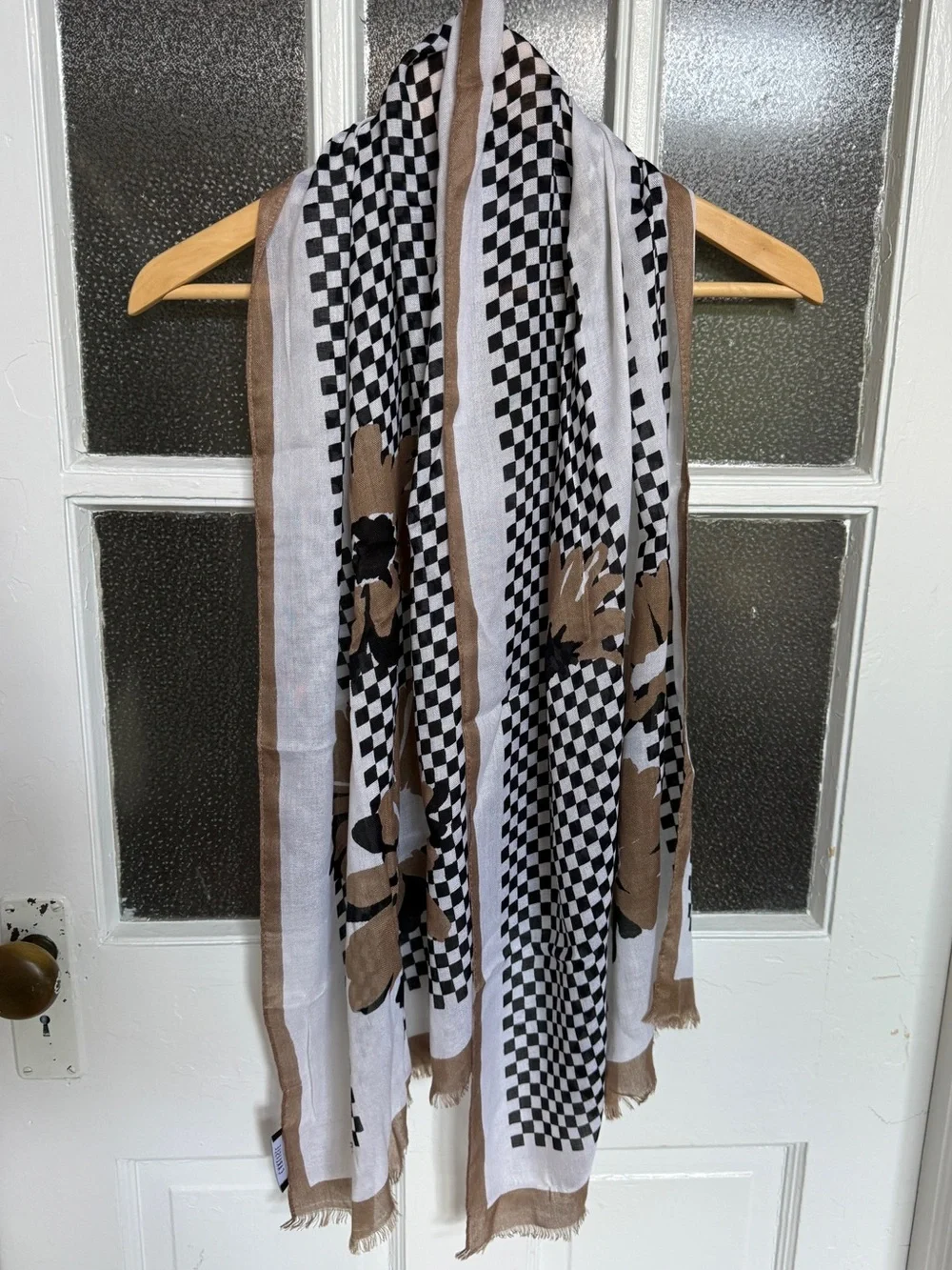 Carlisle Floral Checkerboard Scarf Wrap Black White Tan 62” x 20”